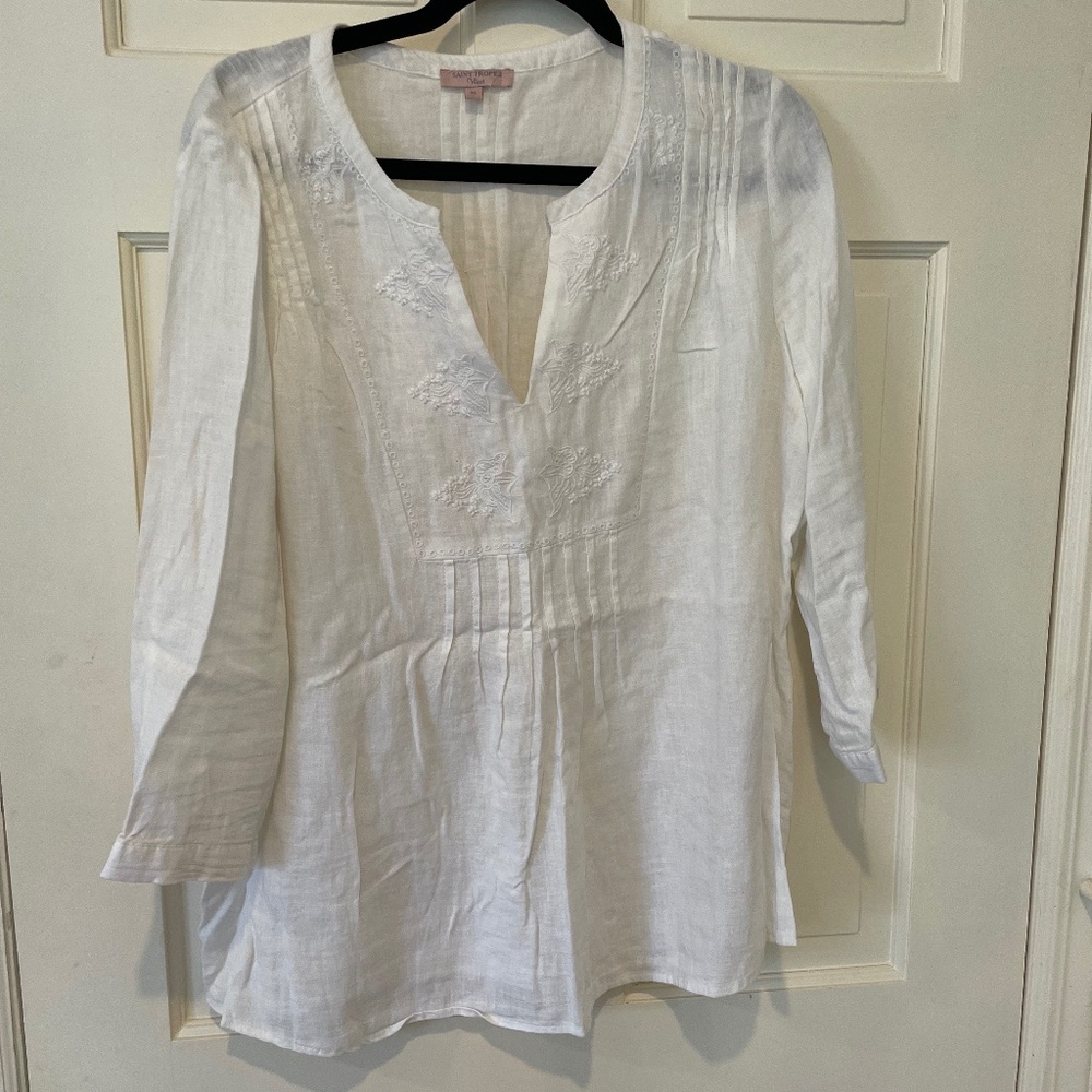 White Saint Tropez West Long Sleeve Linen Peasant Shirt